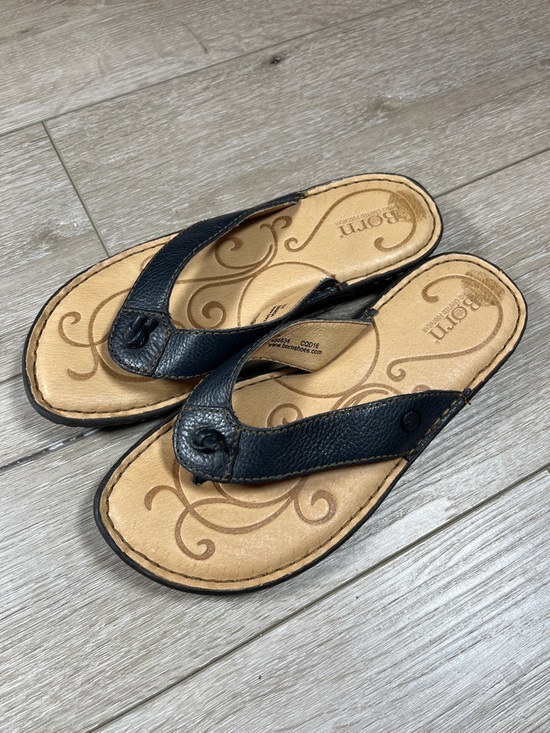 Born Shoes - Born Blue Leather Toe-Post Sandals with Tan Footbed size 7